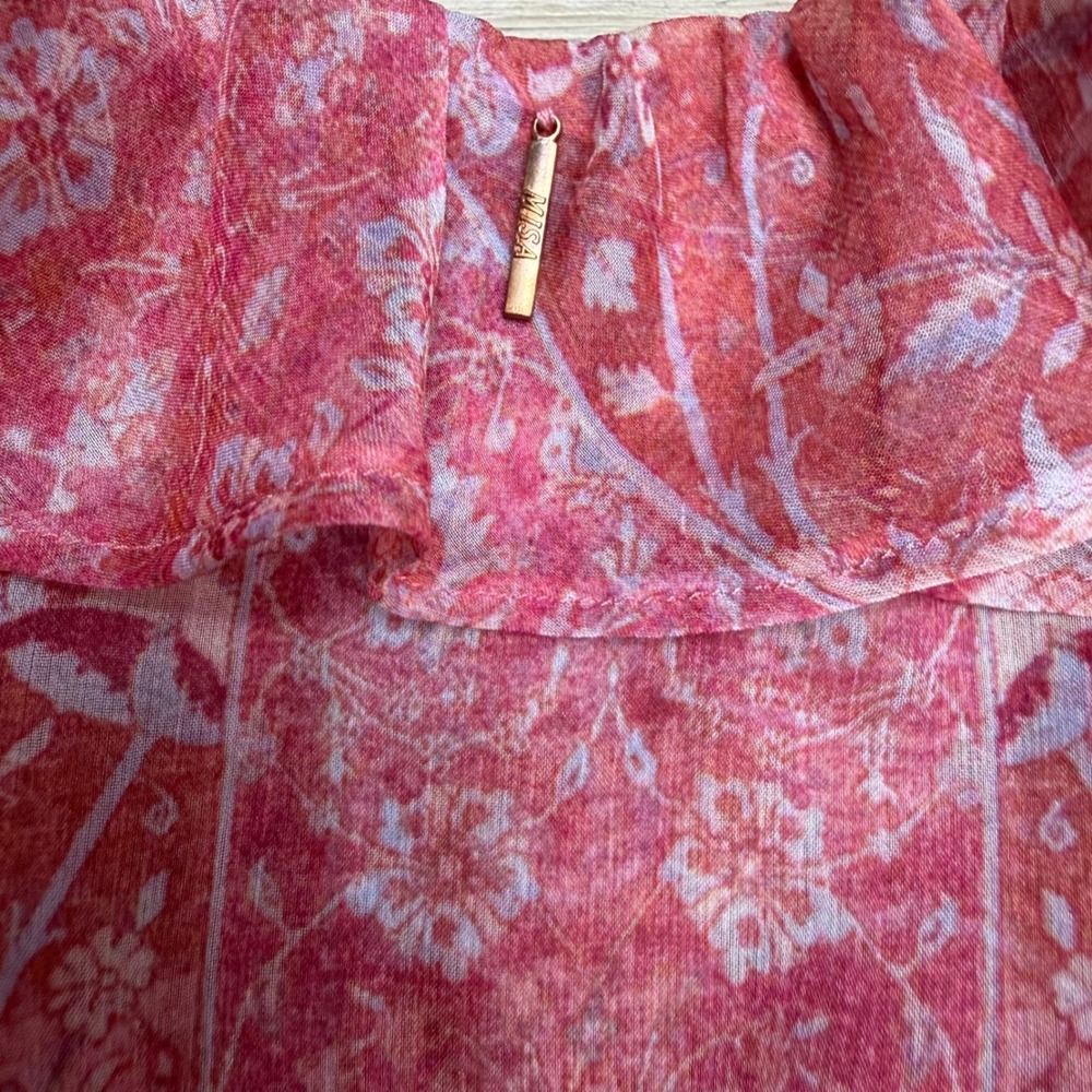 MISA Los Angeles Natasha Dress Pink Floral Ruffle Midi High-Low Coquette Large - Picture 6 of 11